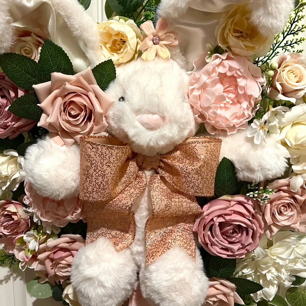 Handmade Floral Bunny Spring Silk Flower & Ribbon Wreath 22 in W7